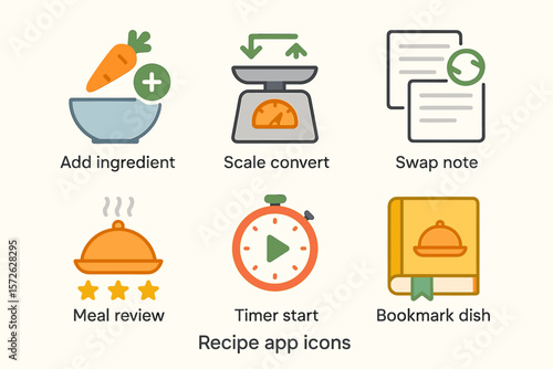Colorful recipe app icons featuring cooking tools and ingredients