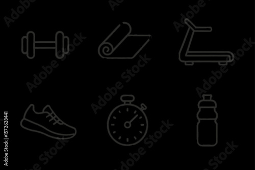 Fitness essentials: dumbbell, yoga mat, treadmill, running shoe, stopwatch, water bottle icons