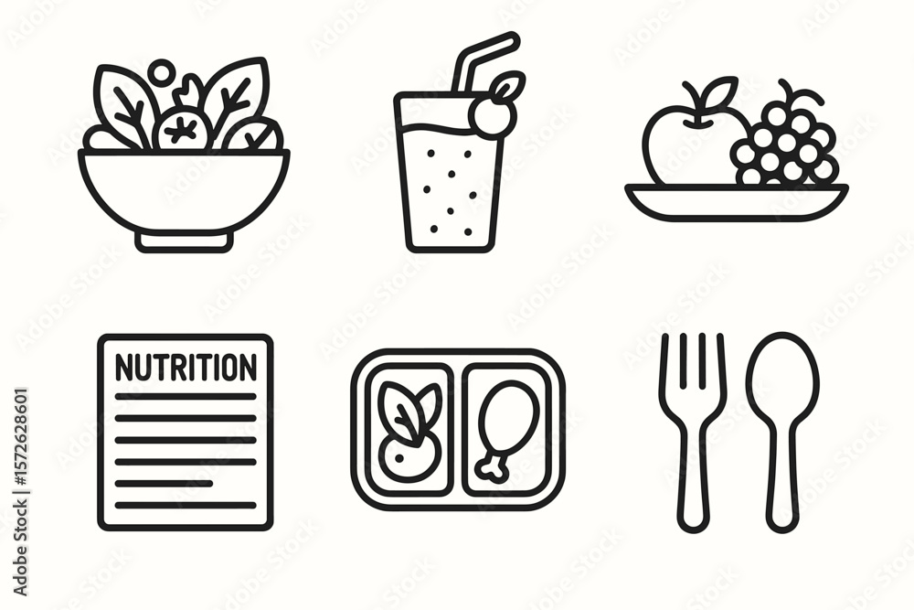 Fototapeta premium Line icons of healthy food, juice, nutrition guide, meal tray, cutlery, fruit
