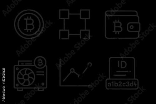 Cryptocurrency blockchain wallet and mining icons set