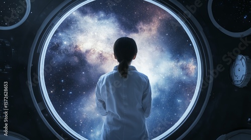 Scientist in a white lab coat gazing at a stunning galaxy view through a large circular window on a spaceship, embodying the essence of space exploration and discovery