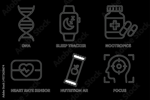 Futuristic health tech icons: dna, sleep tracker, nootropics, heart rate, nutrition, focus