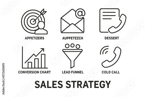 Sales strategy icons: conversion chart, lead funnel, cold call, appetizers, dessert
