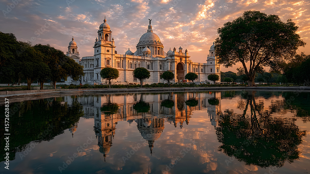 Obraz premium Victoria Memorial Palace, Kolkata, India: A Stunning Sunset Reflection