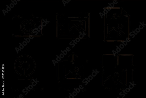 Camera and editing icons: color correction, export, gallery view, raw image