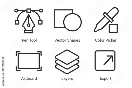 Graphic design icons: pen tool, vector shapes, color picker, artboard, layers, export