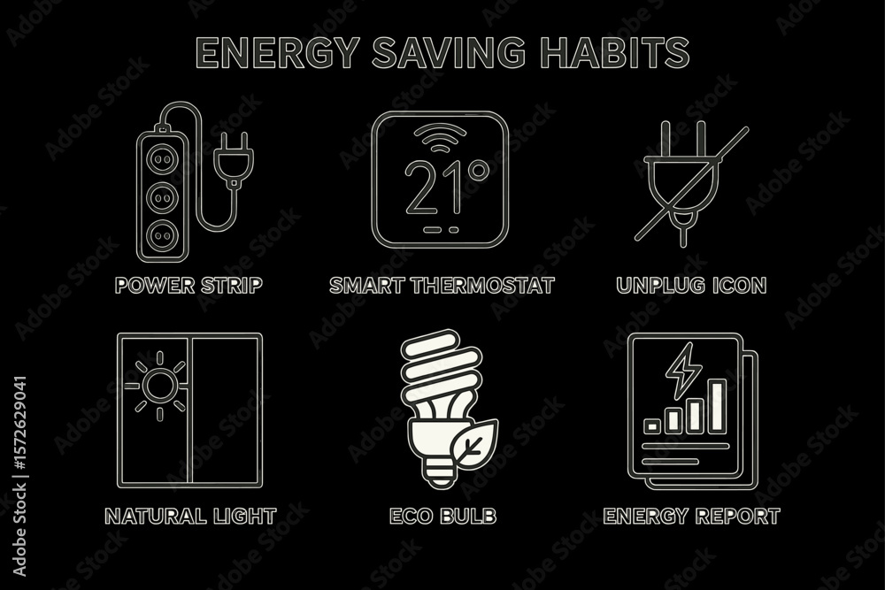 Fototapeta premium Energy saving icons: power strip, smart thermostat, unplug, natural light, eco bulb, energy report
