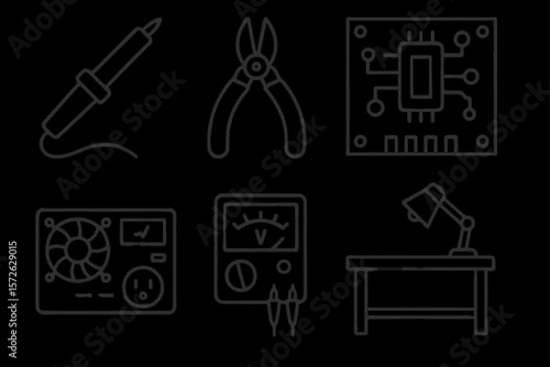 Electronic tools and components: soldering iron, pliers, circuit board, fan, multimeter, desk lamp
