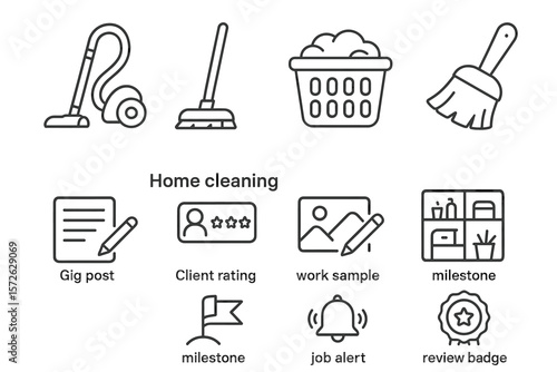Home cleaning icons: vacuum, mop, laundry, broom, task management, ratings, alerts