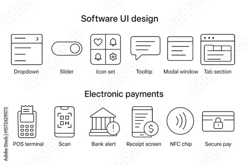 Software ui design and electronic payment icons for modern interfaces
