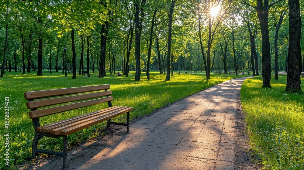Park path and bench with trees bathed in sunlight Park path and bench with trees bathed in sunlight