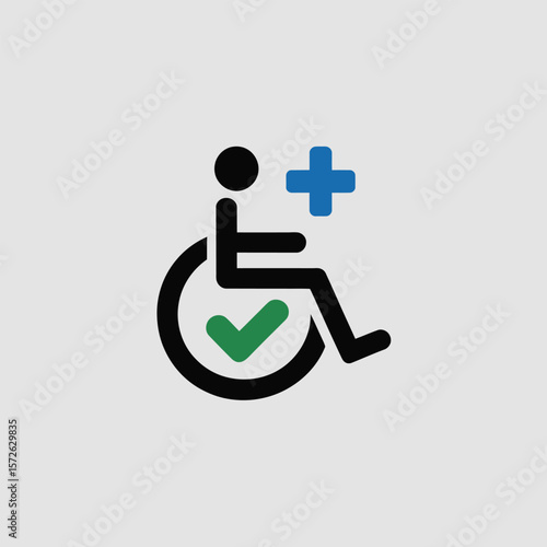 Minimalist Icon Design Featuring a Black Wheelchair Silhouette a Green Checkmark and a Blue Plus Symbol on a Light Gray Background