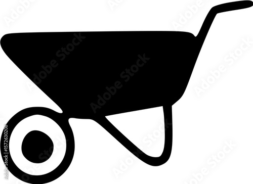 Black Silhouette of a Wheelbarrow with a Single Wheel, Side View.