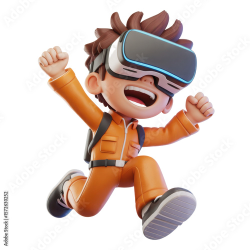 Excited cartoon boy wearing virtual reality headset jumping with joy in an orange jumpsuit isolated on transparent background