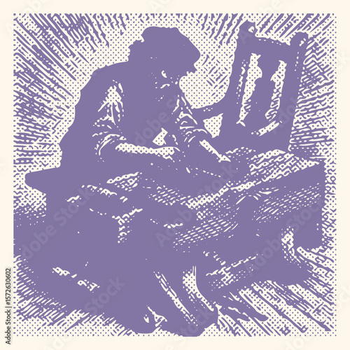  purple Halftone effect vibrant color vector of an old carpenter carving wood, detailed handcraft illustration, rustic woodworking, skilled artisan, vintage tool, traditional craft,  