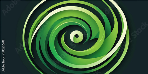 Abstract green spiral design with concentric circles and a vibrant light twirl pattern