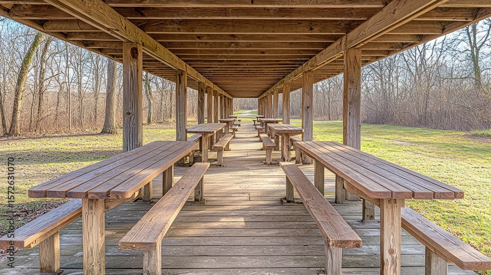 Fototapeta premium Picnic shelter, long rows of tables. Trees visible