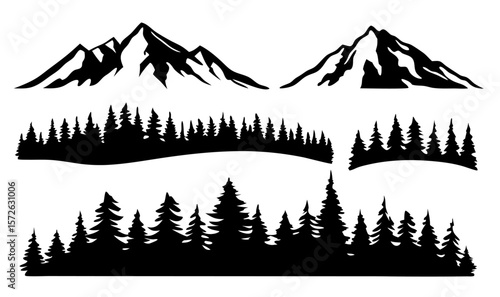 Set of vector mountain silhouettes and vintage hill peak outlines. Perfect for forest, adventure, and outdoor nature scenes. Clean black shapes on transparent background for versatile design use.