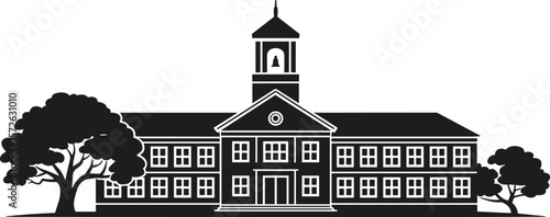 Silhouette Vector of Classic School Building with Bell Tower and Trees