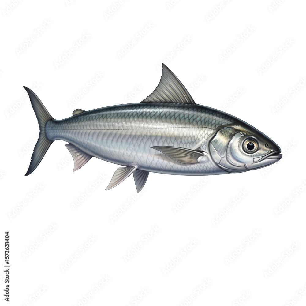 Fototapeta premium Fresh Mackerel Fish with Iridescent Silver and Blue Stripes, Side View Isolated on a Pure png Background for Seafood and Culinary Themes.