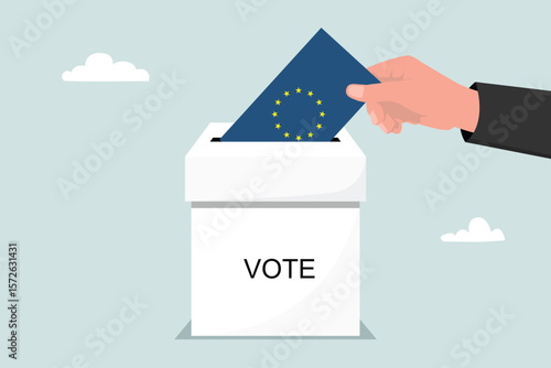 Voting in the European Union. Hands inserting paper ballots into ballot boxes. The concept of freedom and democracy.