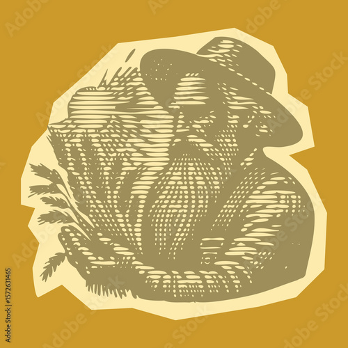  Papercut heavy lined effect vibrant color postal stamp vector of old farmer wearing hat holding wheat under sun rural agriculture harvest countryside farming rustic nature outdoors traditional field 