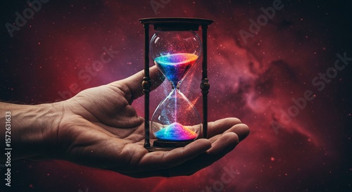Hand holding hourglass with sand flowing upward – surreal concept