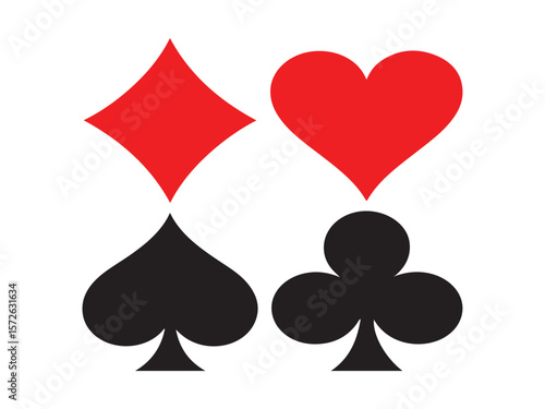 Four playing card suits diamonds hearts spades and clubs on white background