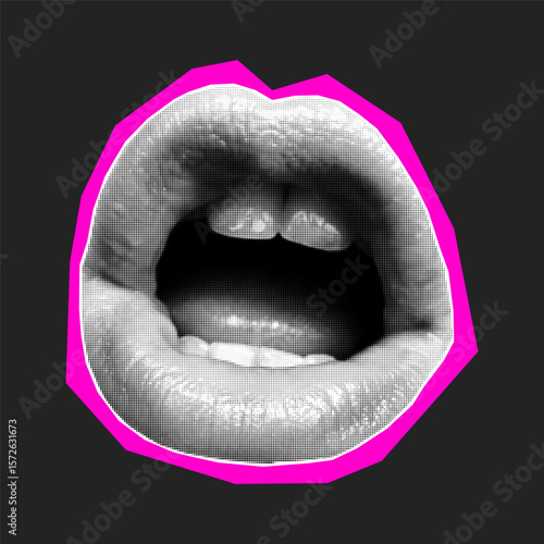 Halftone collage banner, paper cut talking open mouth. Magazine sticker with neon pink border, modern art, element for decor, poster. Textured element on dark background.