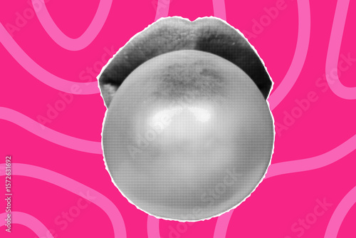 Halftone collage banner, cut out newspaper mouth with bubble gum. Paper lips, girly element on bright pink background, doodle lines, pop art style.