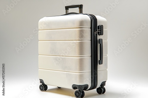 Textured Ivory Hardshell Suitcase with Black Accents on a Neutra