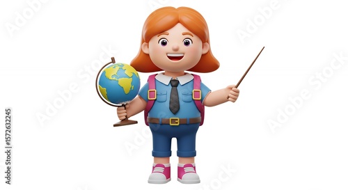 Cartoon girl student with globe and pointer