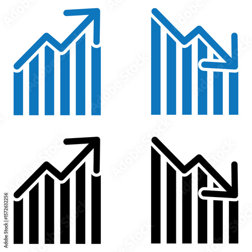 Growing and declining graph icon. Growing and declining solid and line icon set. vector illustration. eps file.