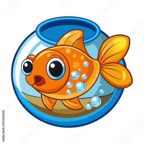 Orange goldfish swimming in fishbowl with bubbles and sand blue