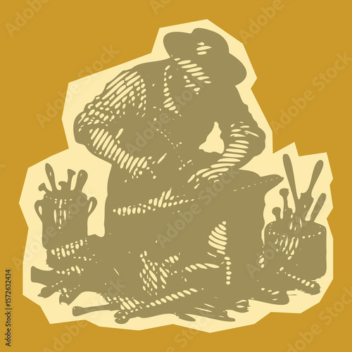  Papercut lined effect vibrant color postal stamp vector of green blacksmith wearing hat and glasses hammering metal, craft manship, industrial work, artisan, steel forging, traditional trade