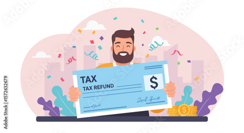 Man holding tax refund check confetti city background coins