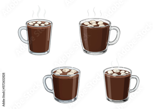 Four mugs of hot chocolate with marshmallows and steam