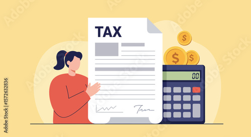Person with tax form calculator and coins