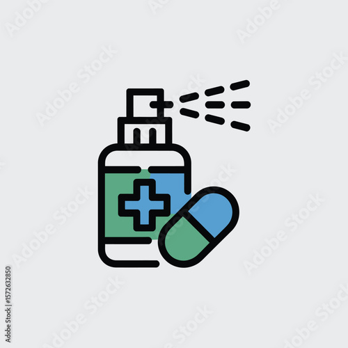 Minimalist Icon Design Featuring a Green and Blue Medical Spray Bottle a Blue and Green Capsule and a White Cross Symbol Against a Light Gray Background