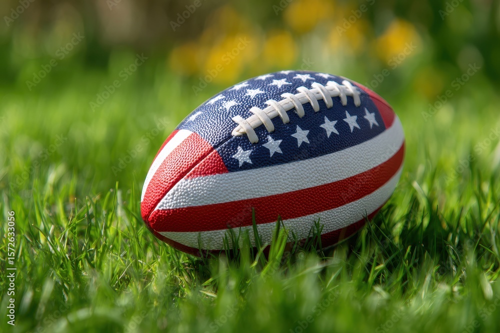 Obraz premium American Football Red White. Rugby Ball with Stars and Stripes on Green Grass Field