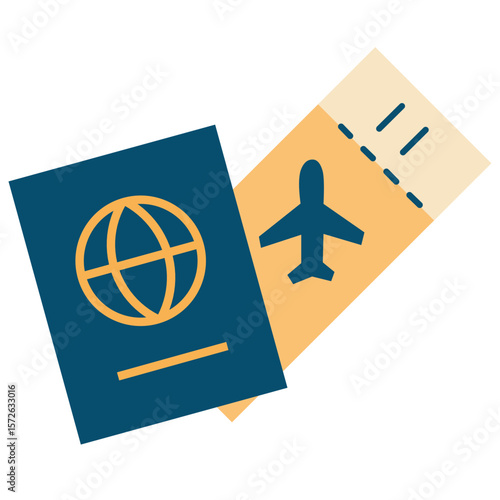 Dark blue passport with a golden globe icon, paired with a yellow boarding pass featuring an airplane symbol. Perfect for travel, tourism, or airline-related content.