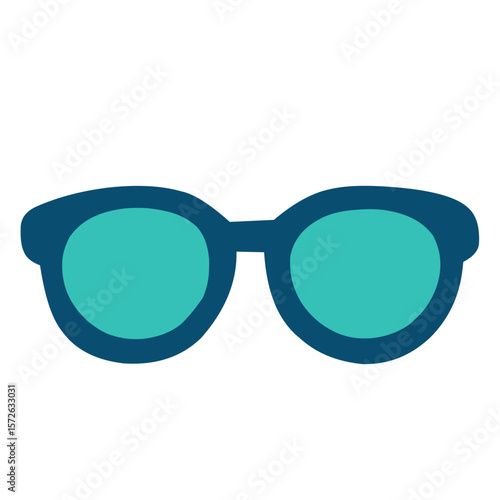 Flat blue sunglasses icon, representing travel fashion and sun protection on vacation.