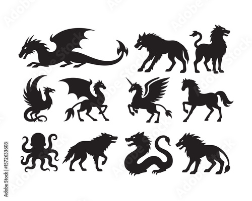 Mythical Creatures Silhouette Icon Set – Fantasy Animal Vector Collection for Games and Lore Design