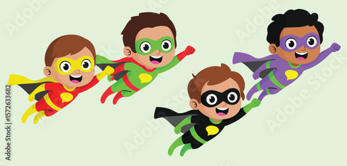 Cute Cartoon Superhero Kids Flying