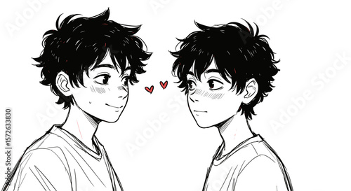 Two boys with curly hair looking at each other with affection on white background