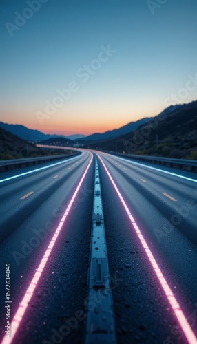 Glowing highway at dusk with LED lane lights and smooth asphalt reflecting soft neon hues Generative AI