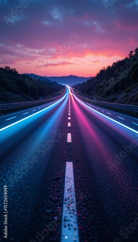 Glowing highway at dusk with LED lane lights and smooth asphalt reflecting soft neon hues Generative AI