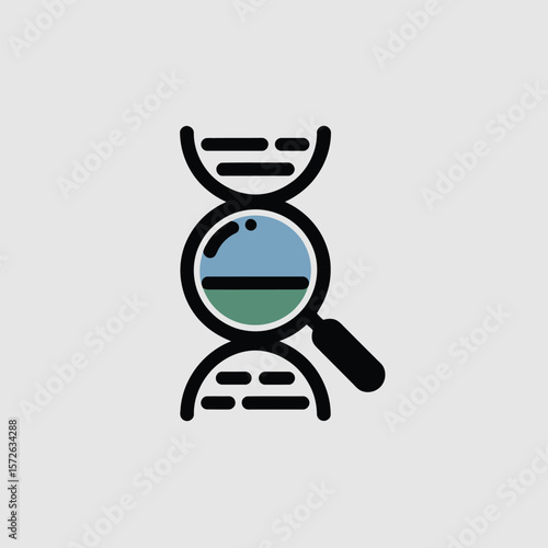 Minimalist Icon Design Featuring a Magnifying Glass Examining a Double Helix D N A Strand Depicted in Blue Green and Black on a Light Gray Background