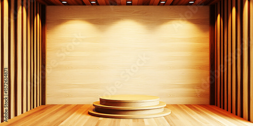 A wooden stage with three levels in a room with wooden walls and ceiling spotlights on transparent background