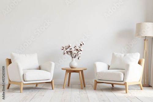 two comfortable white armchairs next to coffee table and cotton branches in vase, modern living room. 3d rendering.